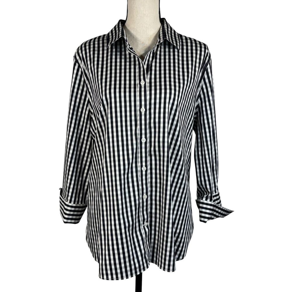 Chico’s SZ 3 (16) Top Buffalo Plaid Button-Up 3/4 Cuff Sleeves Stretch Collared